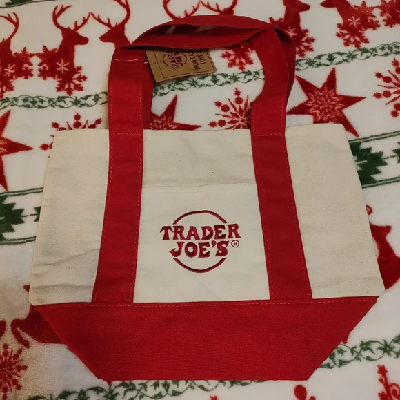 Limited Edition Trader Joe's Mini Tote Bags In Holiday Red & Green - Picture 2 of 4